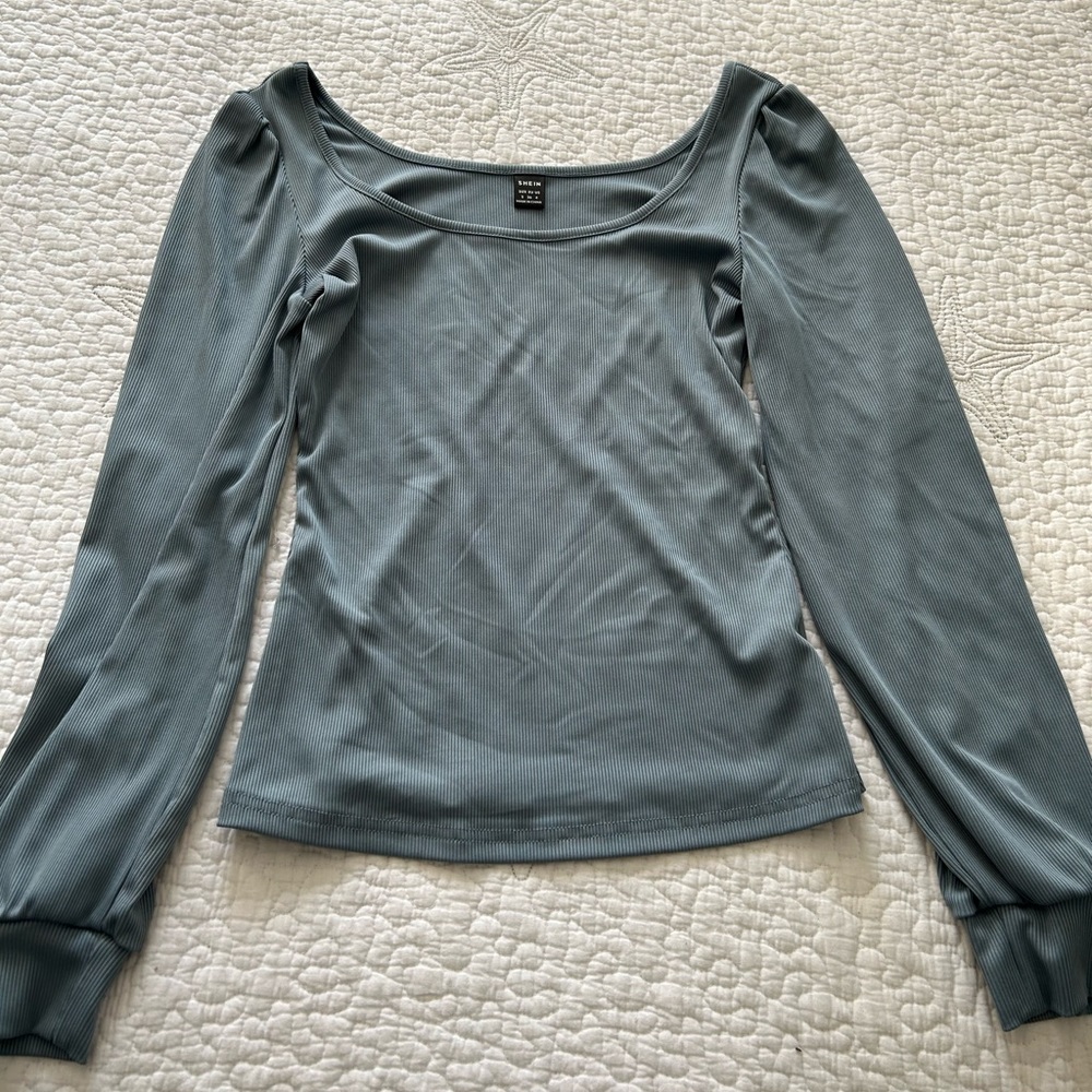 SHEIN Women’s Dusty Blue Square Neck Ribbed Long Sleeve Top in size S
